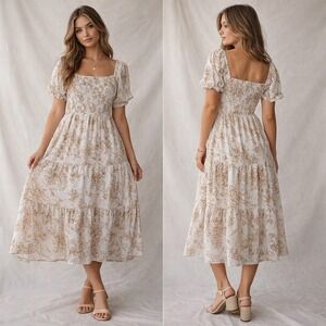 NWT SHE SKY Sz L Floral Smocked Midi Dress Puff Sleeve‎ Boho Cottagecore Tiered